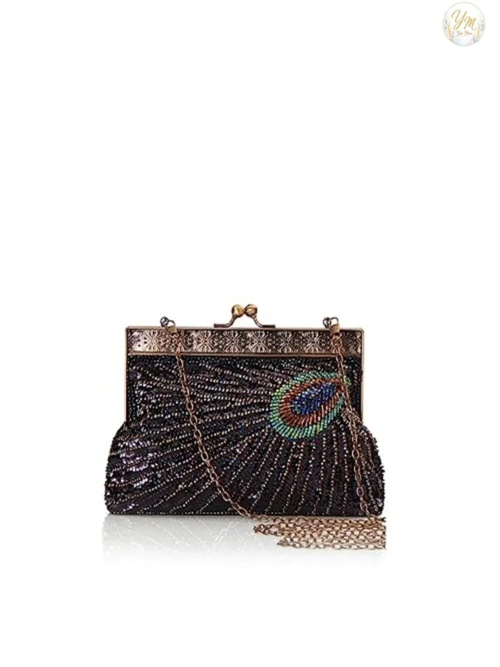 Sequin Peacock Clutch Evening Bag with Beaded Design and Detachable Chains